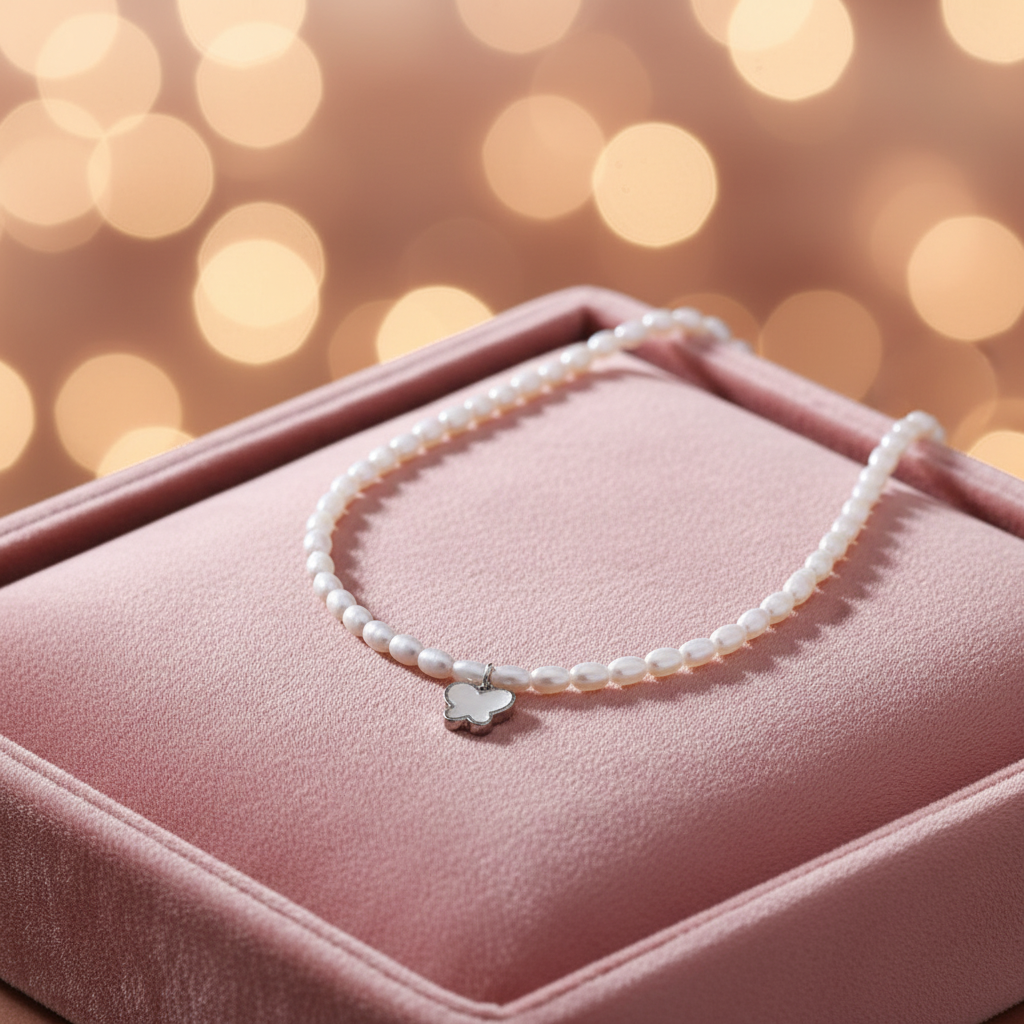 Pearl Butterfly Necklace on blush pink velvet tray