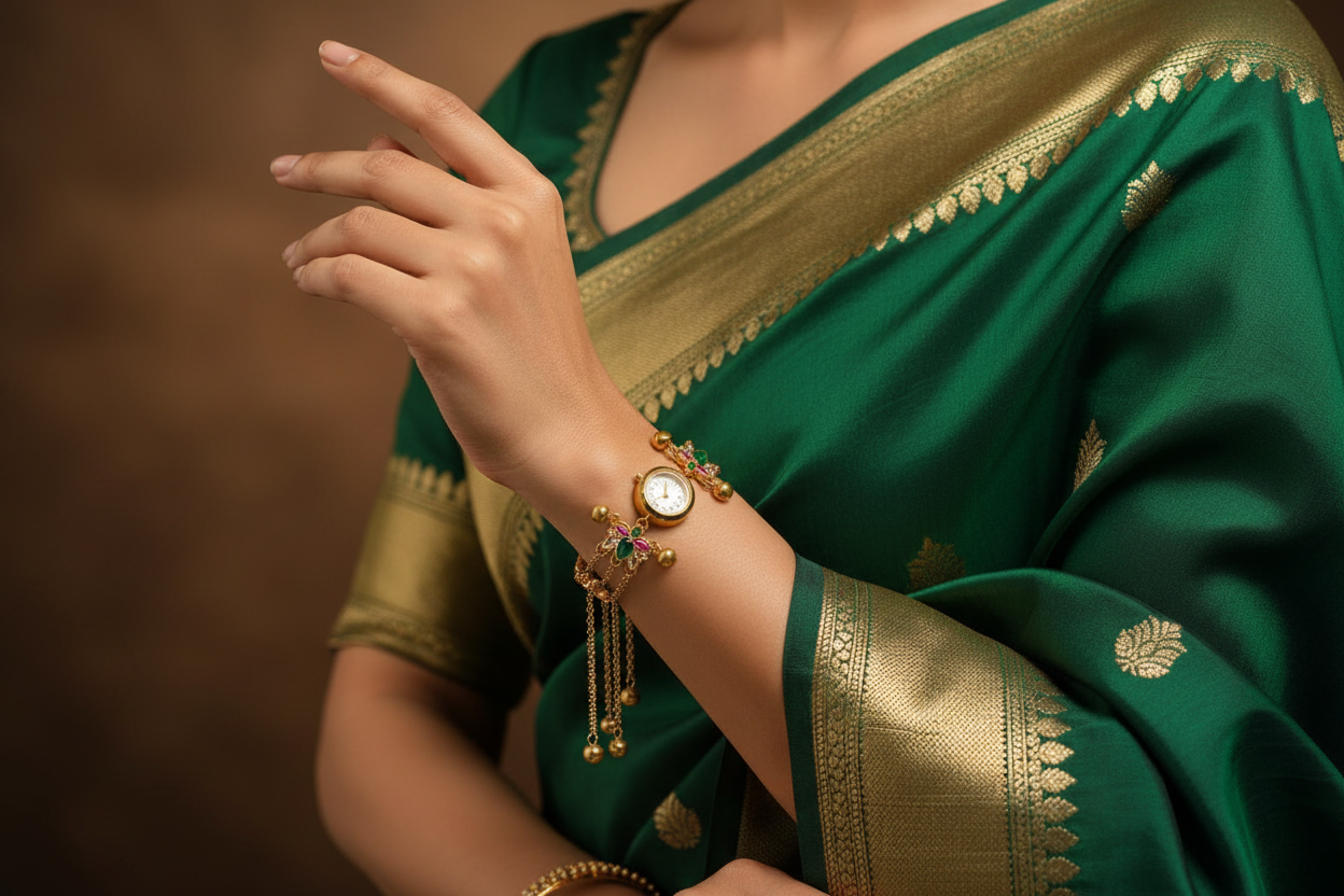 Gold Kundan Bracelet Watch - Saree Hand