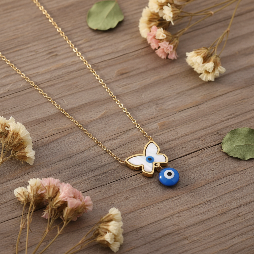 Butterfly Evil Eye Necklace on rustic wood with wildflowers