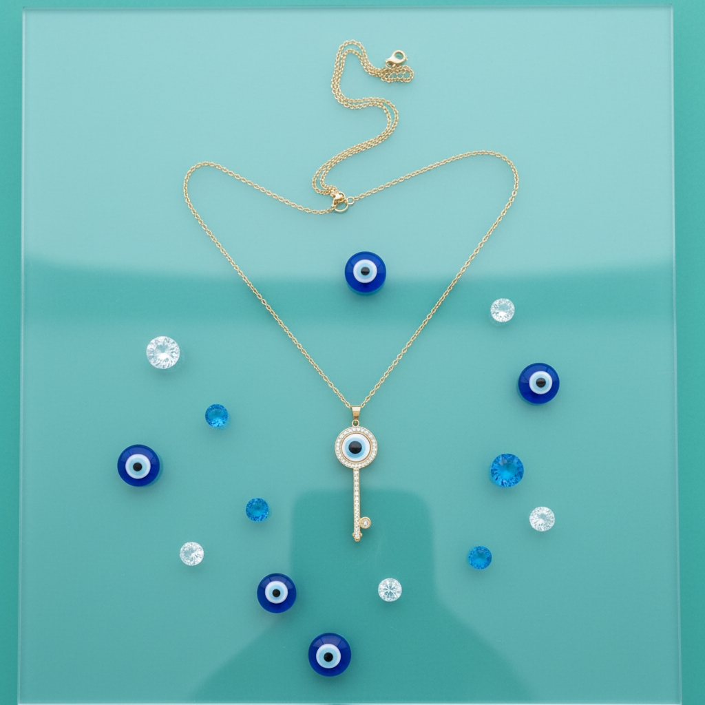 Instagram Flatlay - Evil Eye Key Necklace Gold Plated Blue Stone