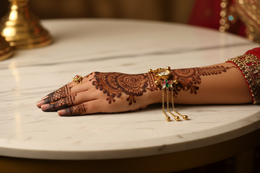 Gold Kundan Bracelet Watch - Mehndi Hand