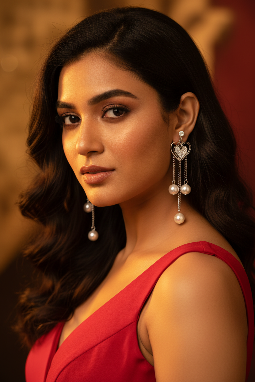 Indian woman wearing silver heart drop earrings romantic look