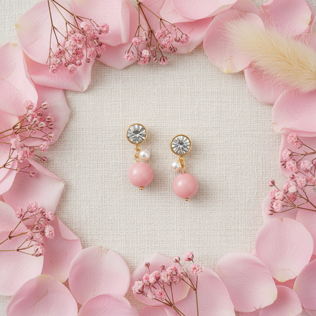 Romantic Flatlay - Gorgeous Pink Color Fashion Earrings With Elegant Stones For Modern And Festive Style