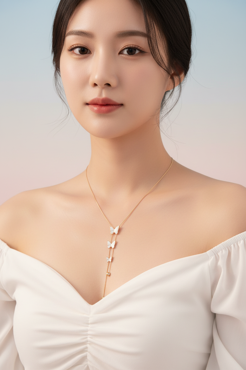 Korean Model - White Butterfly Lariat Necklace Gold Plated