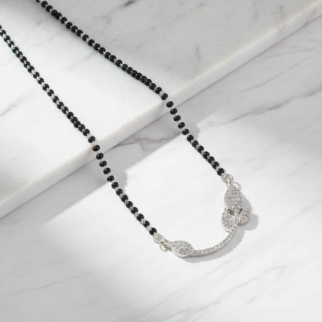Marble Minimalist - Silver Color American Diamond Mangalsutra With Modern Twin Heart Style