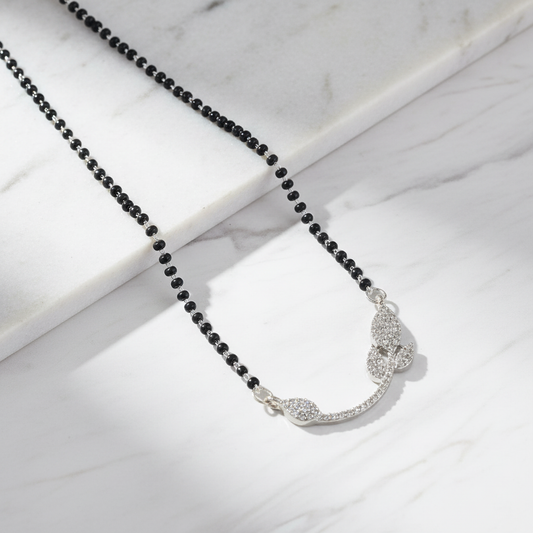 Marble Minimalist - Silver Color American Diamond Mangalsutra With Modern Twin Heart Style
