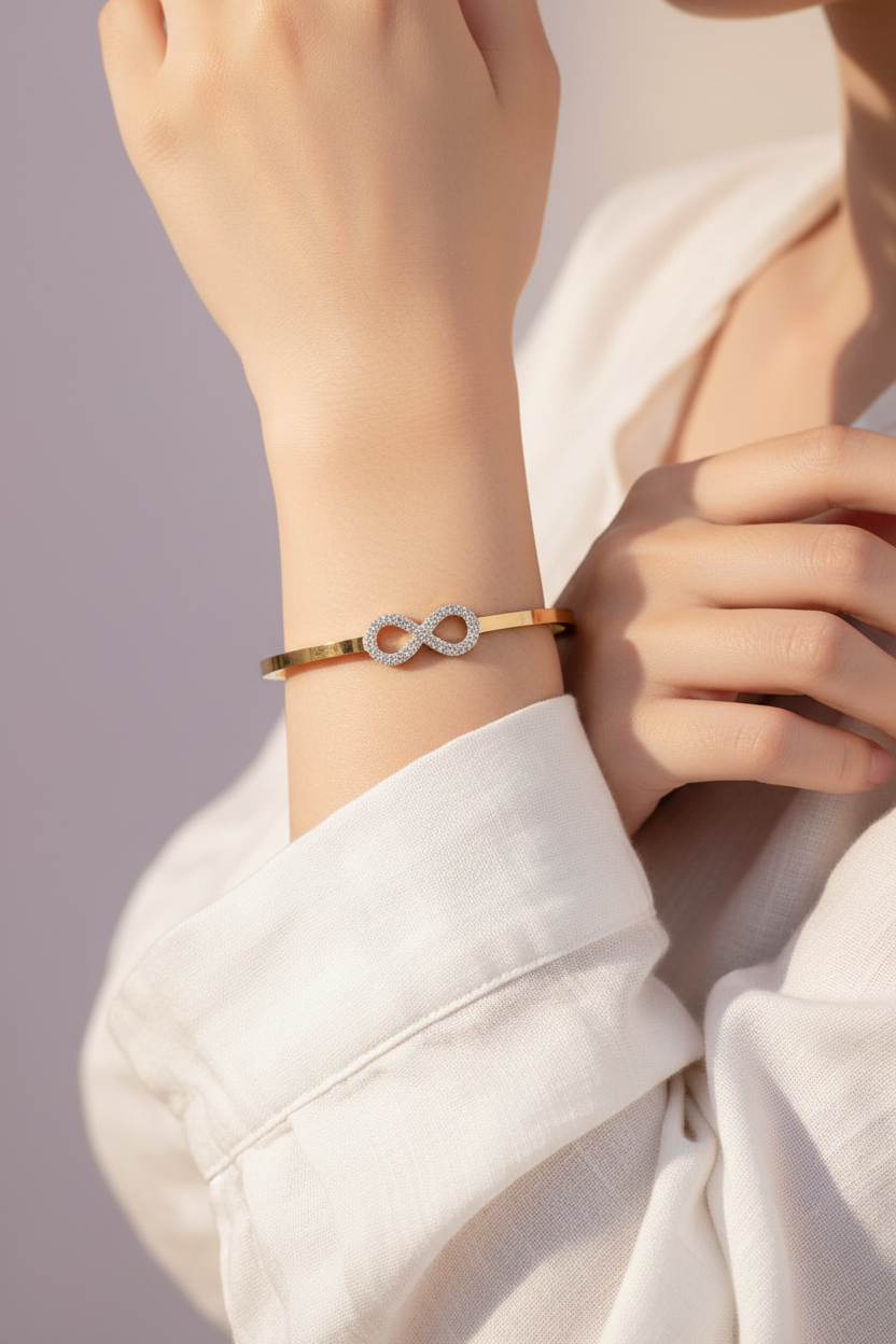 Korean Model Wrist - Radiant Gold Infinity Bracelet American Diamond